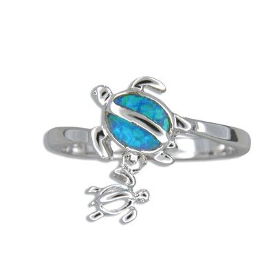 Sterling Silver Hawaiian Mother and Baby Honu Blue Opal Ring