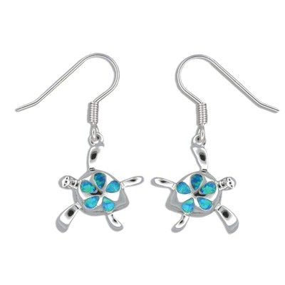 Sterling Silver Hawaiian Honu Plumeria Blue Opal Earrings with Fish Wires