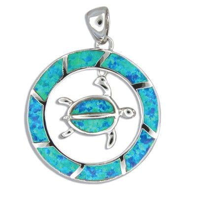Sterling Silver Hawaiian Honu in the Circle Blue Opal Pendant