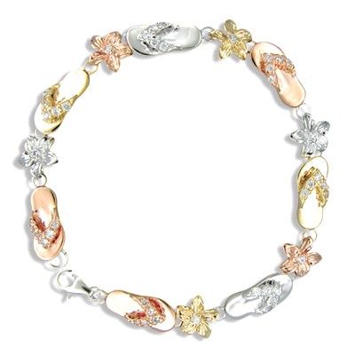 Sterling Silver Hawaiian Tri-Color CZ Slipper and Plumeria Bracelet