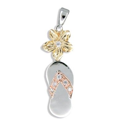 Sterling Silver Hawaiian Tri-color Plumeria and Slipper Pendant