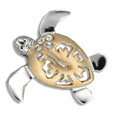 Sterling Silver Hawaiian Two Tone Hibiscus Honu Pendant (L)