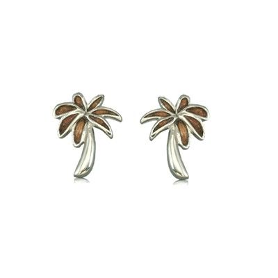 Sterling Silver Hawaiian Koa Wood Fancy Palm Tree Pierced Earrings 