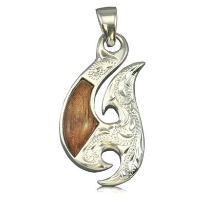 Sterling Silver Hawaiian Koa Wood Fancy Two Side Engraved Fish Hook Pendant