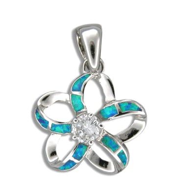 Sterling Silver Hawaiian Cut-in Blue Opal Plumeria Pendant (S) with CZ