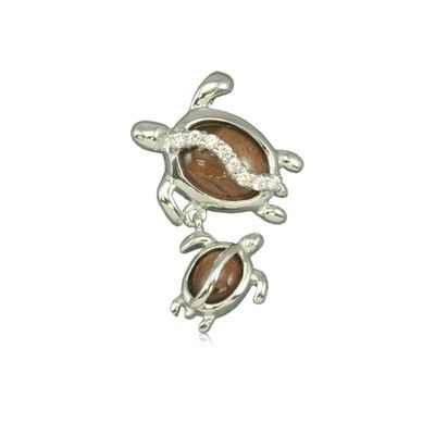 Sterling Silver Hawaiian Koa Wood Mother and Baby HONU Pendant