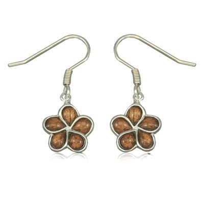 Sterling Silver Hawaiian Koa Wood Plumeria Fish Wire Earrings