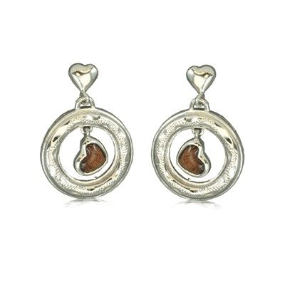 Sterling Silver Hawaiian Koa Wood Heart in Circle Dangling Earrings 