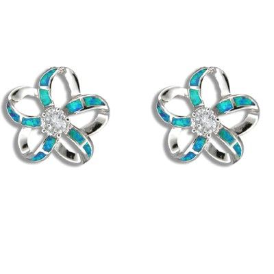 Sterling Silver Hawaiian Cut-in Blue Opal Plumeria Pierced Earrings with CZ