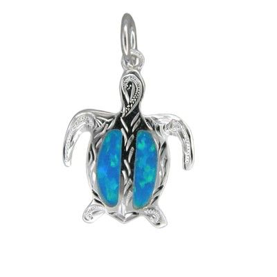 Sterling Silver Hawaiian Hand Carved Blue Opal Honu Pendant (S)