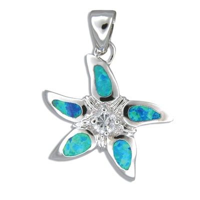 Sterling Silver Hawaiian Starfish Blue Opal Pendant with CZ
