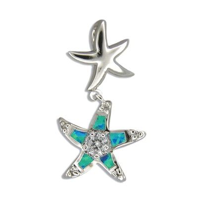 Sterling Silver Blue Opal Starfish Floating Pendant with CZ 