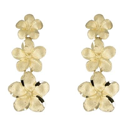 14kt Yellow Gold Triple Hawaiian Plumeria Dangling Earrings