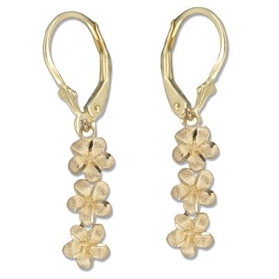 14kt Yellow Gold Triple Plumeria Lever Back Earrings