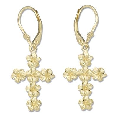 14kt Yellow Gold Plumeria Leis Cross Lever Back Earrings