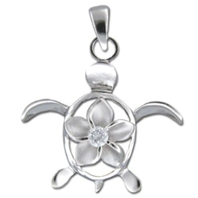 Sterling Silver Hawaiian Plumeria CZ Honu Pendant