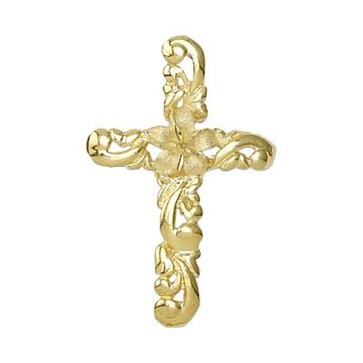 14kt Yellow Gold Plumeria and Scroll Design Cross Pendant