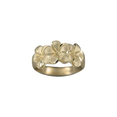 14kt Yellow Gold Triple 8mm Hawaiian Plumeria Flowers Ring 