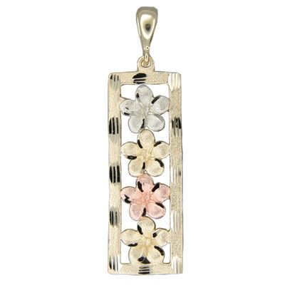 14KT Tri-Color Gold 4 Hawaiian Plumeria Vertical Pendant