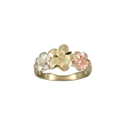 14kt Tri-Color Gold Triple Hawaiian Plumeria Flowers Ring (M)