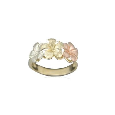 14kt Tri-Color Gold Triple 8mm Hawaiian Plumeria Flowers Ring 