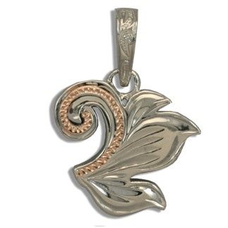 Fine Engraved Sterling Silver Rose Gold Coated Hawaiian Scroll and Leaf Pendant