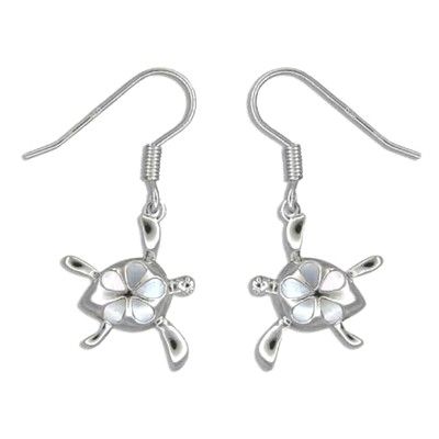 Sterling Silver Hawaiian Honu White MOP Plumeria Fish Wire Earrings