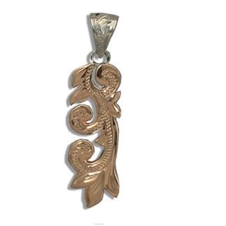 Fine Engraved Sterling Silver Rose Gold Coated Hawaiian Maile Leaf and Scroll Pendant
