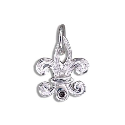 Fine Engraved Sterling Silver Ladies Hawaiian FLEUR DE LIS Shaped with Black CZ Pendant