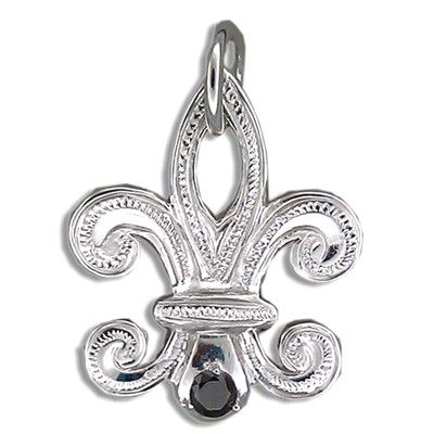 Fine Engraved Sterling Silver Men's Hawaiian FLEUR DE LIS Shaped with Black CZ Pendant