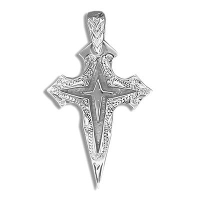 Fine Engraved Sterling Silver Men's Double Hawaiian Cross Pendant
