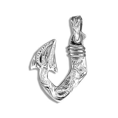 Fine Engraved Sterling Silver Men's Two Sided Hawaiian Tribal Fish Hook Pendant