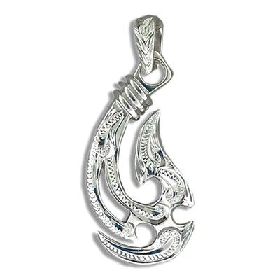 Fine Engraved Sterling Silver Men's Fancy Two Sided Hawaiian Fish Hook Pendant