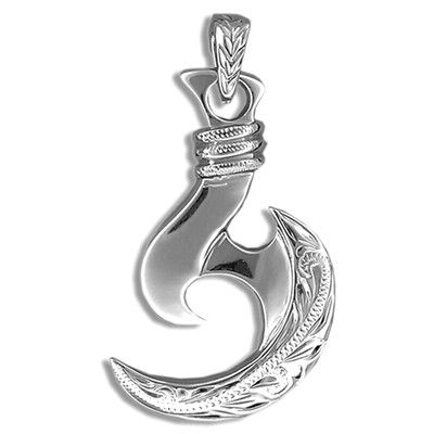 Fine Engraved Sterling Silver Men's Two Sided Hawaiian Serrated Fish Hook Pendant
