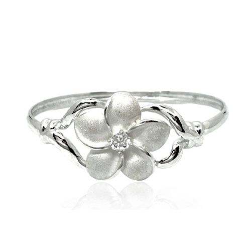 Sterling Silver Single Hawaiian Plumeria Design Bangle with Open Clasp