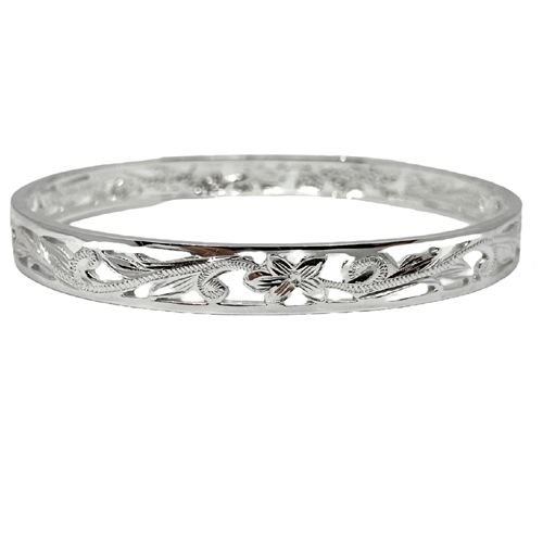 Sterling Silver 8mm Cut-in Hawaiian Plumeria and Scroll with Plain Edge Bangle