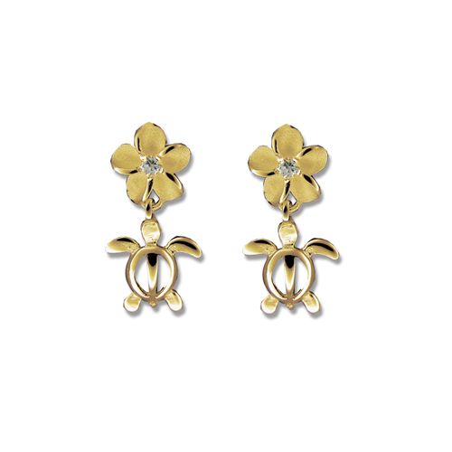 14kt Yellow Gold Cut-Out Hawaiian Mini HONU with Plumeria Earrings