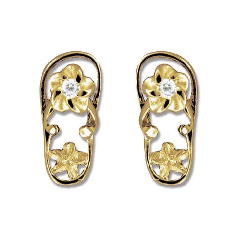 14kt Yellow Gold Hawaiian Plumeria Design with CZ Slipper Earrings