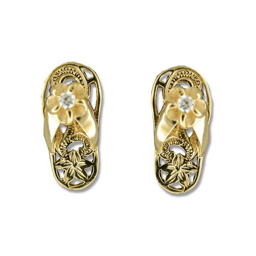14kt Yellow Gold Hawaiian Plumeria and Scroll Design with CZ Slipper Earrings