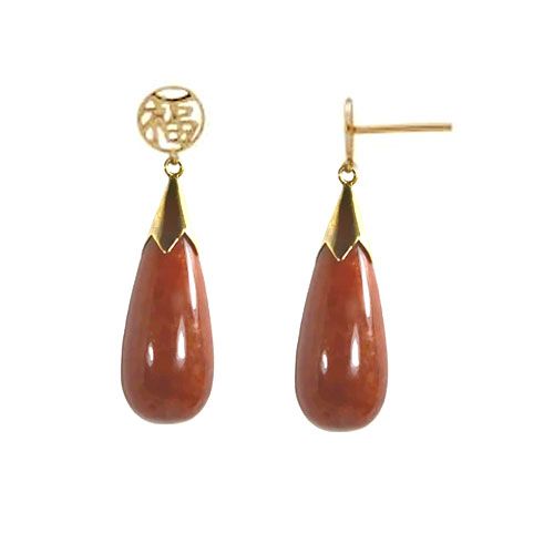 14KT Yellow Gold Chinese Good Fortune Teardrop Shaped Red Jade Earrings 