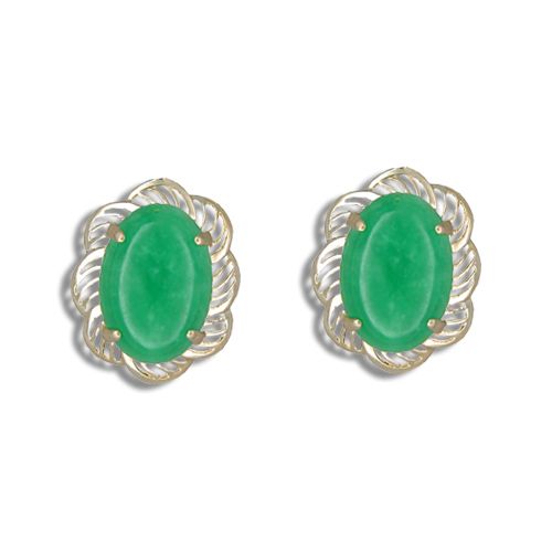 14KT Yellow Gold Cut-Out Flower Design with Oval Shaped Green Jade Earrings