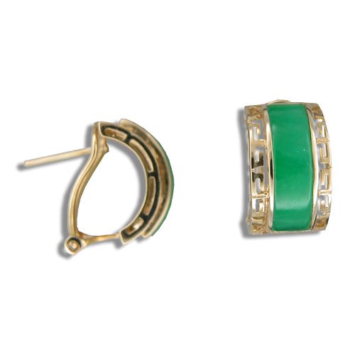 14KT Yellow Gold Cut In Chinese Pattern with Green Jade Half-Hoop French Clip Earrings