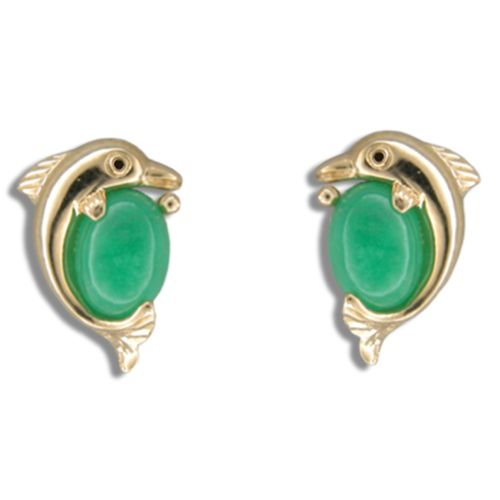 14KT Yellow Gold Dolphin with Green Jade Post Earrings
