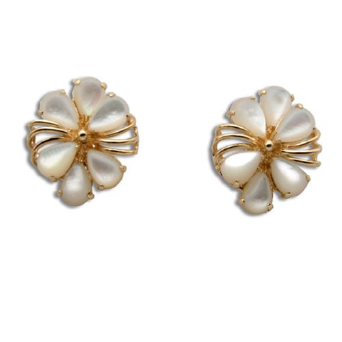 14KT Yellow Gold Fancy Six-Petal Plumeria with MOP (Mother of Pearl Shell) Earrings