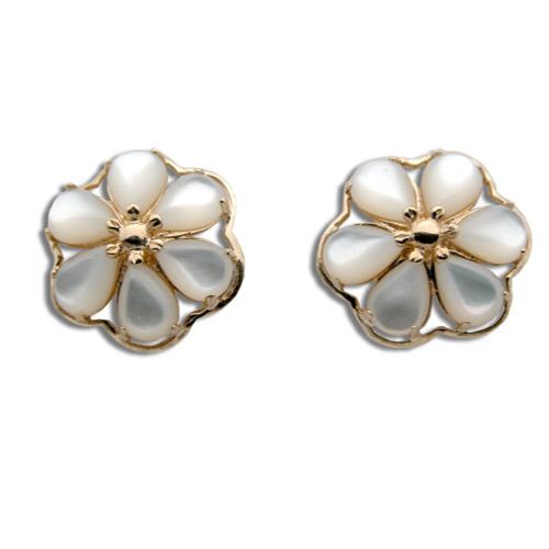 14KT Yellow Gold Six-Petal Plumeria with MOP (Mother of Pearl Shell) Earrings