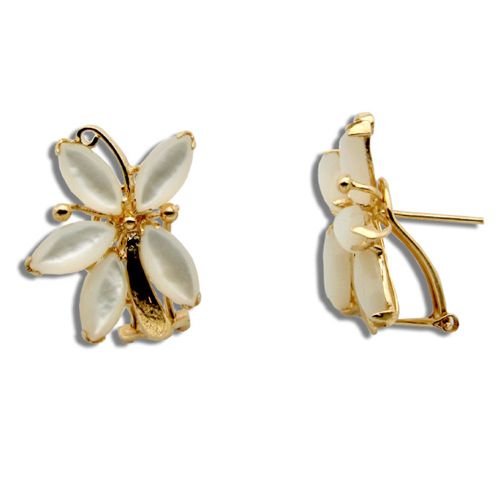 14KT Yellow Gold MOP (Mother of Pearl Shell) 5 Petals Flower French Clip Earrings