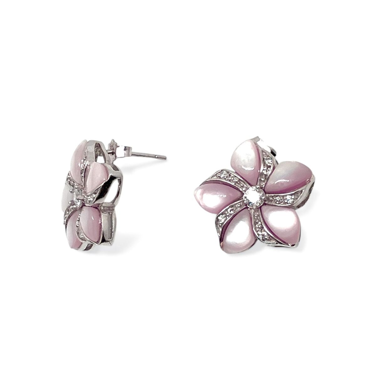 Sterling Silver Plumeria Pierced Earrings with Pink Mother of Pearl Shell Inlay