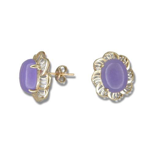 14KT Yellow Gold Cut-Out Flower Design with Oval Shaped Purple Jade Earrings