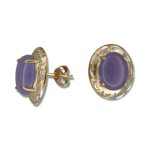 14KT Yellow Gold Cut-In Wave Design with Oval Shaped Purple Jade Earrings
