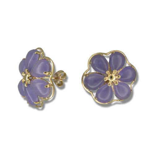 14KT Yellow Gold Six-Petal Plumeria with Purple Jade Earrings